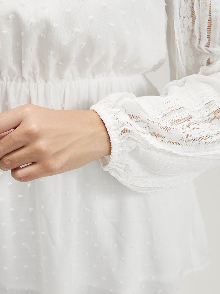 Solid Lace Patchwork Lantern Sleeve Blouse-Sweetccc