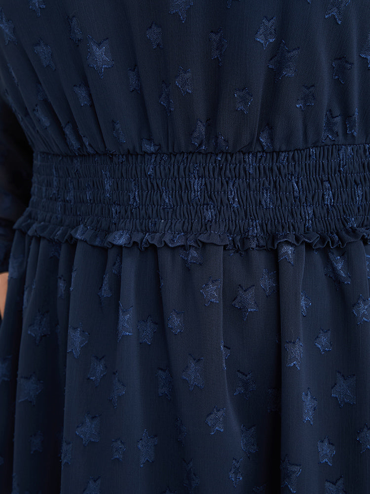 Star Print Pocket Lantern Sleeve Shirred Chiffon Dress-Sweetccc