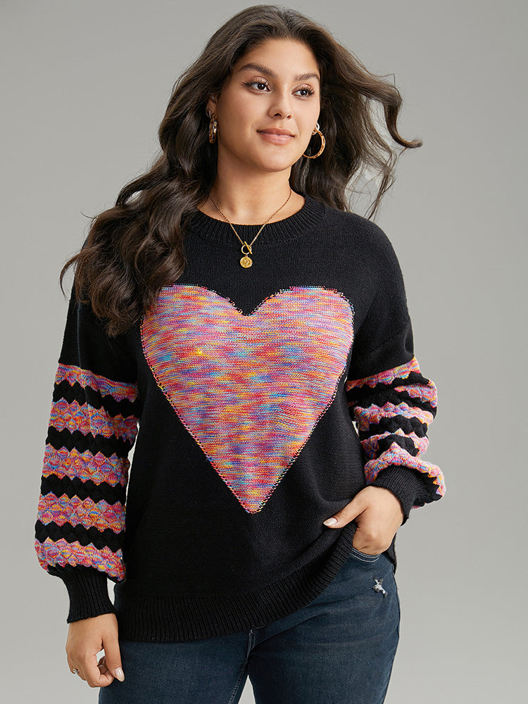 Heart Heather Patchwork Crew Neck Pullover-Sweetccc