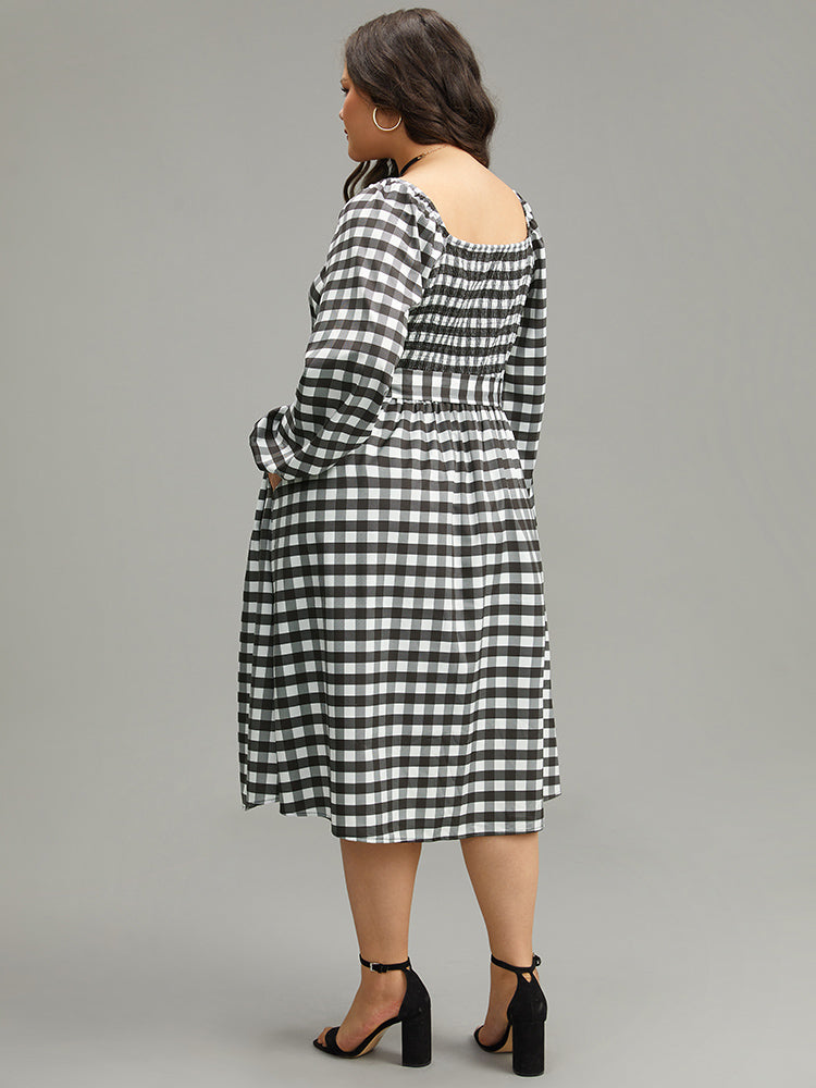 Halloween Plaid Print Belted Square Neck Lantern Sleeve Dress-Sweetccc