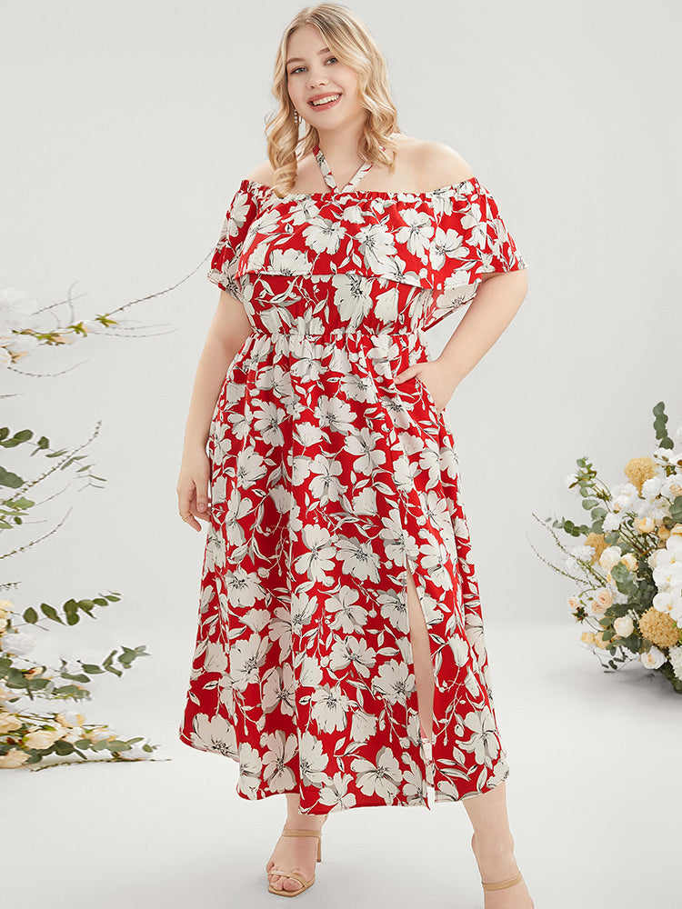 Floral Print Pocket Ruffles Trim Split Halter Maxi Dress-Sweetccc