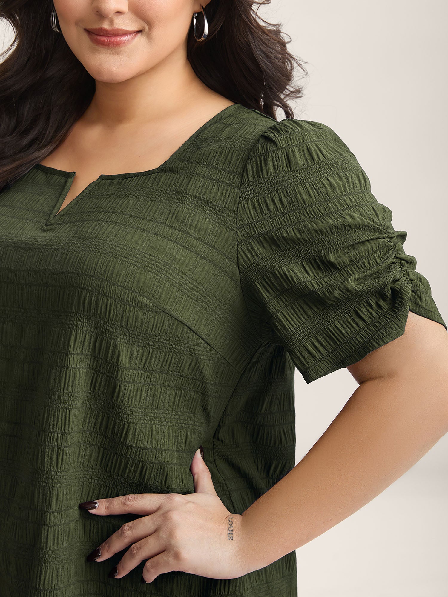 Textured Gathered Sleeve Split Neck Blouse-Sweetccc