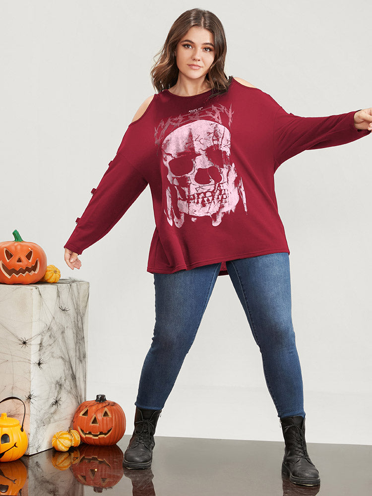 Halloween Skull Print Cold Shoulder Sweatshirt-Sweetccc