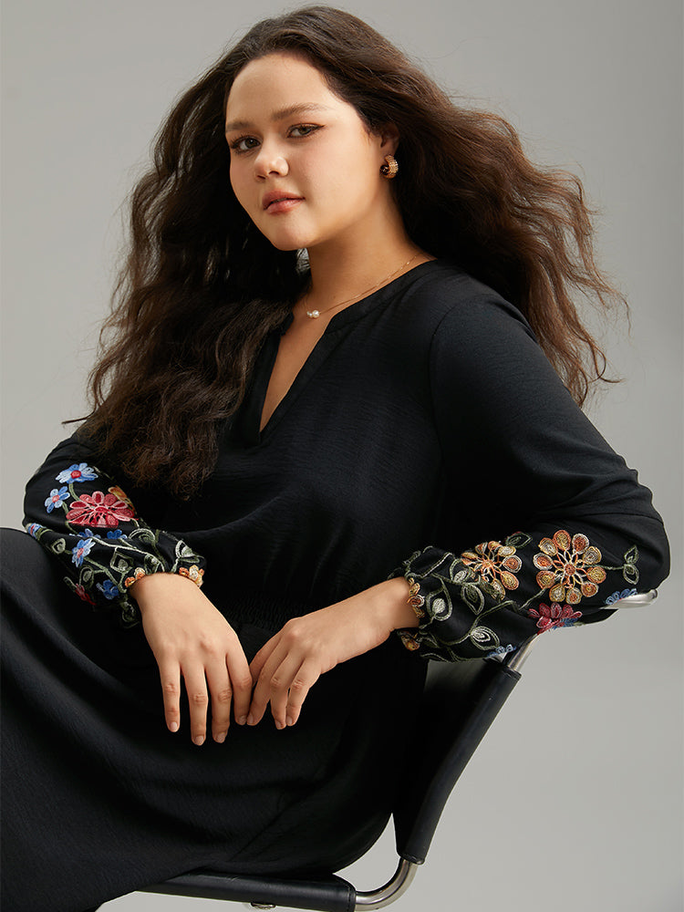 Floral Embroidered Notched Midi Dress-Sweetccc