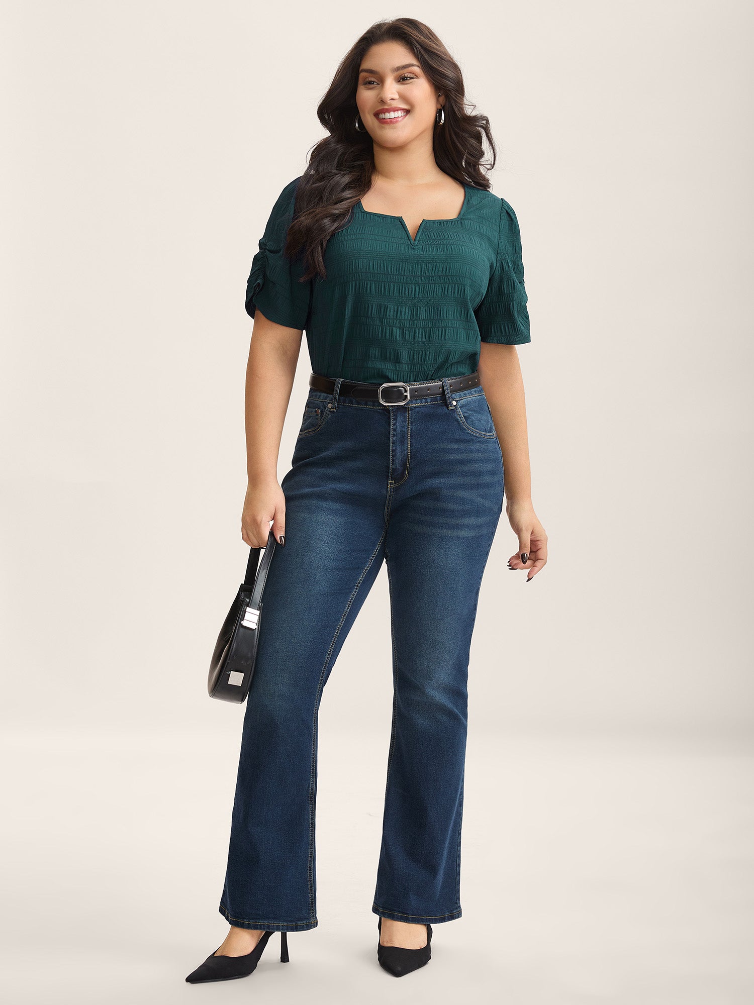 Textured Gathered Sleeve Split Neck Blouse-Sweetccc