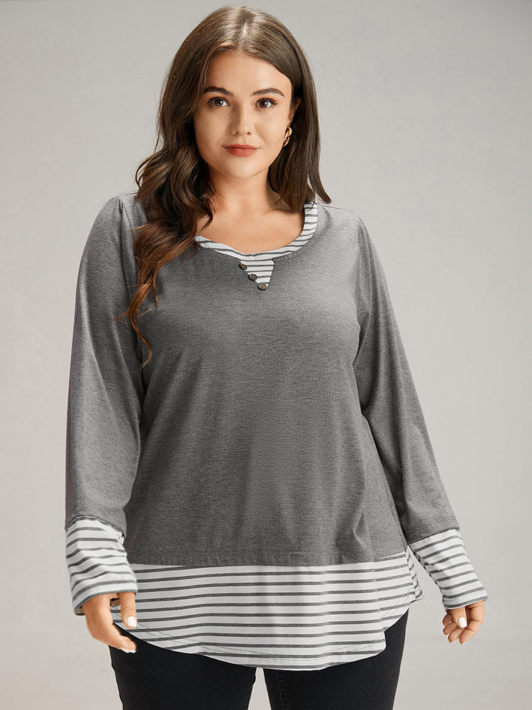 Striped Patchwork Button Detail T-shirt-Sweetccc