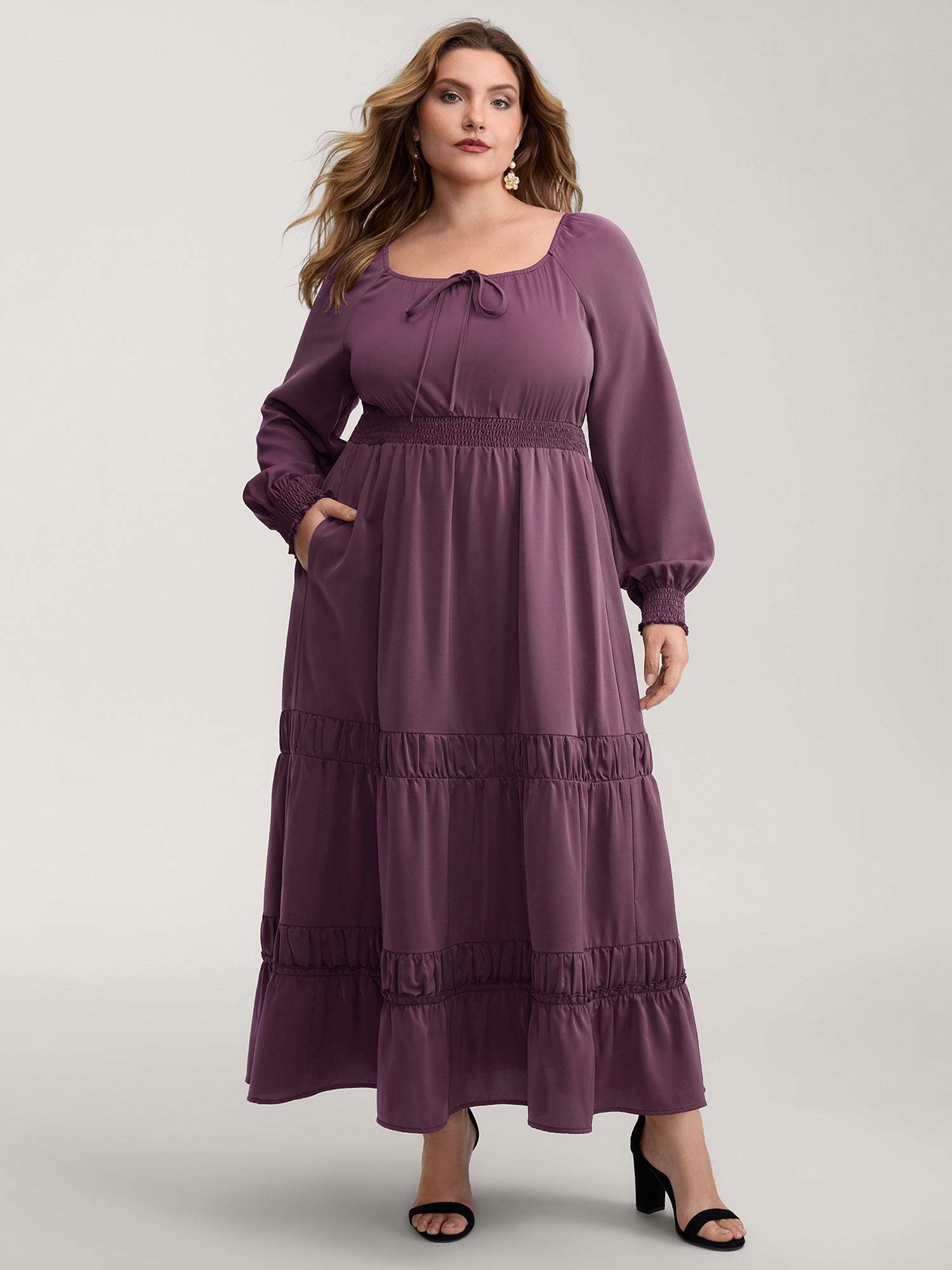 Lotus Leaf Shirred Waist Pockets Maxi Dress-Sweetccc