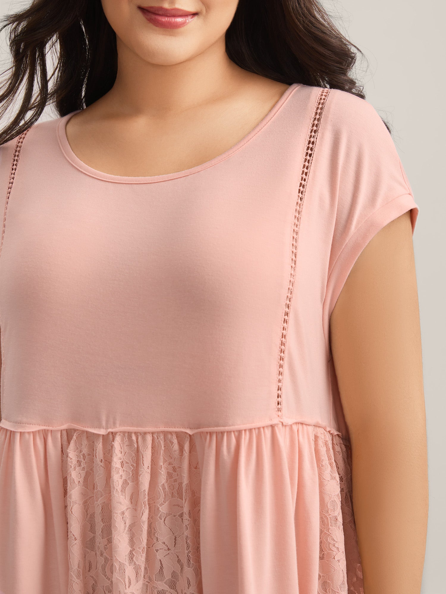 Lace Trim Spliced Solid T-Shirt-Sweetccc