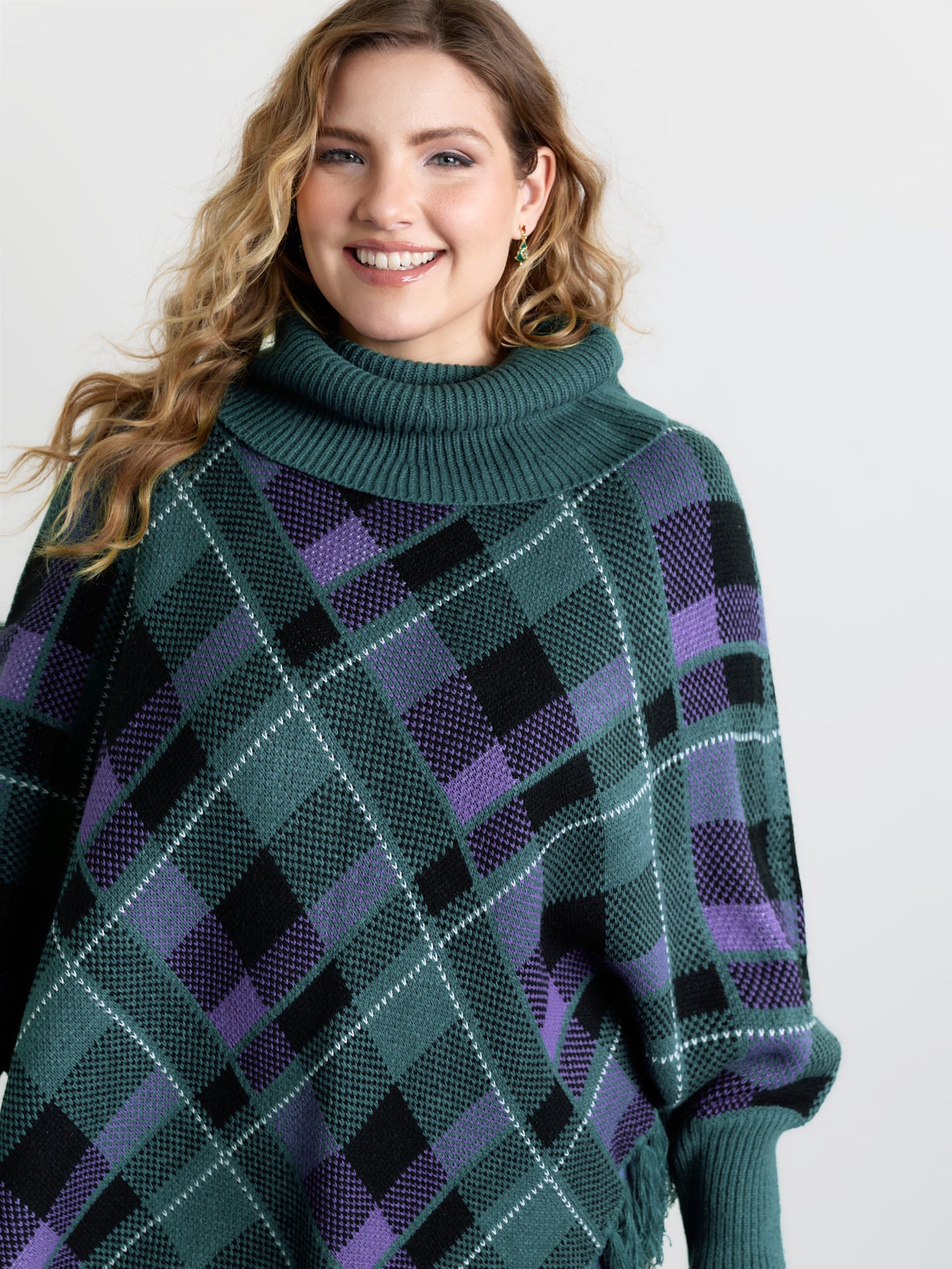 Holiday Plaid Turtleneck Fringe Hem Pullover-Sweetccc