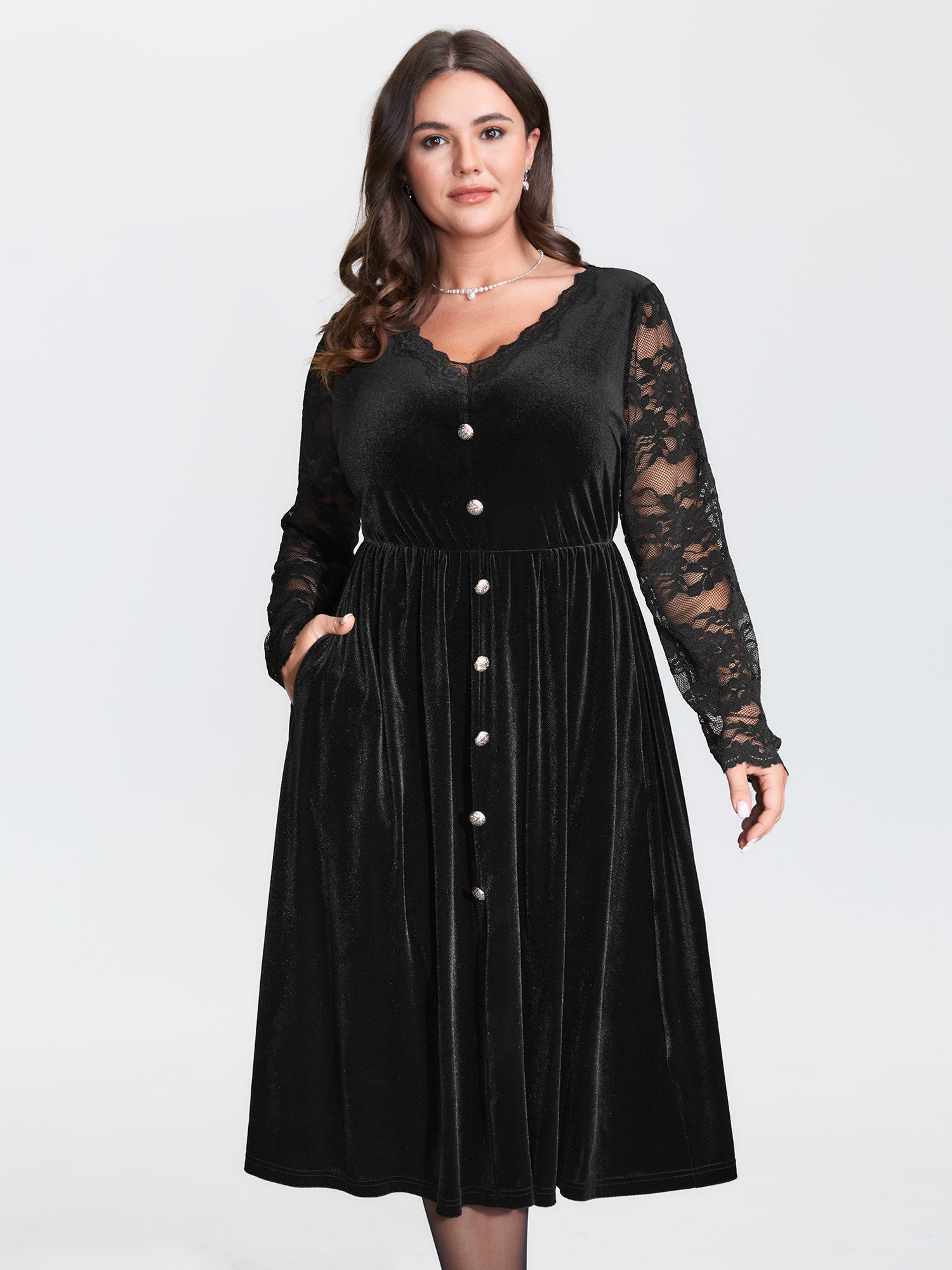 Velvet Sheer Floral Lace Midi Dress-Sweetccc