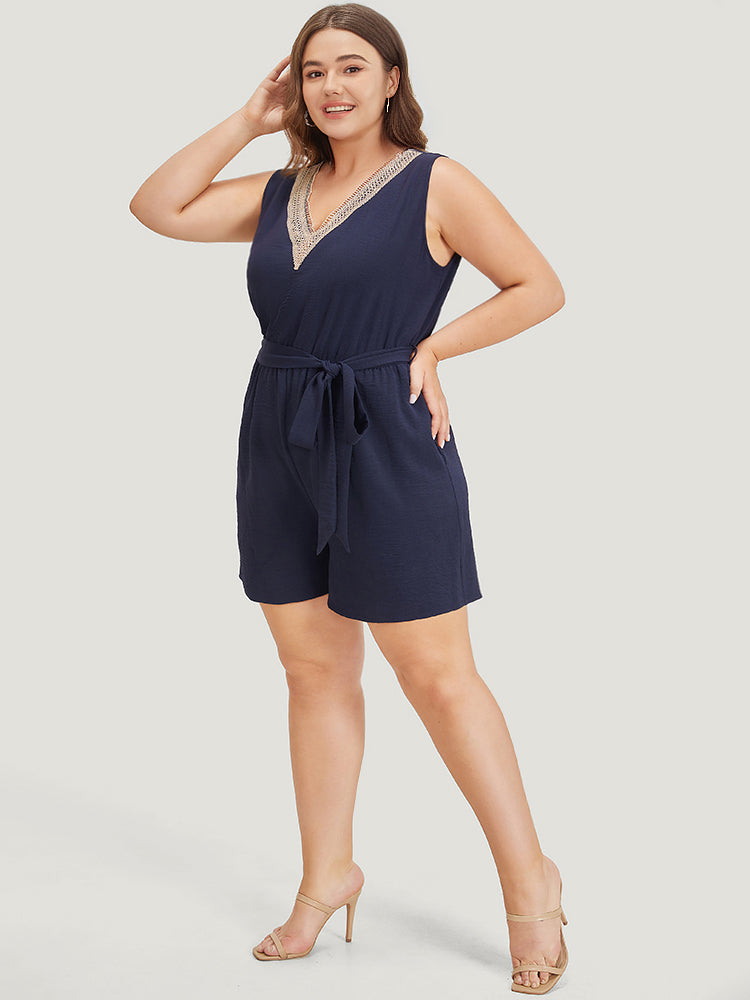 Solid Pocket Contrast Lace Belted Tank Romper-Sweetccc