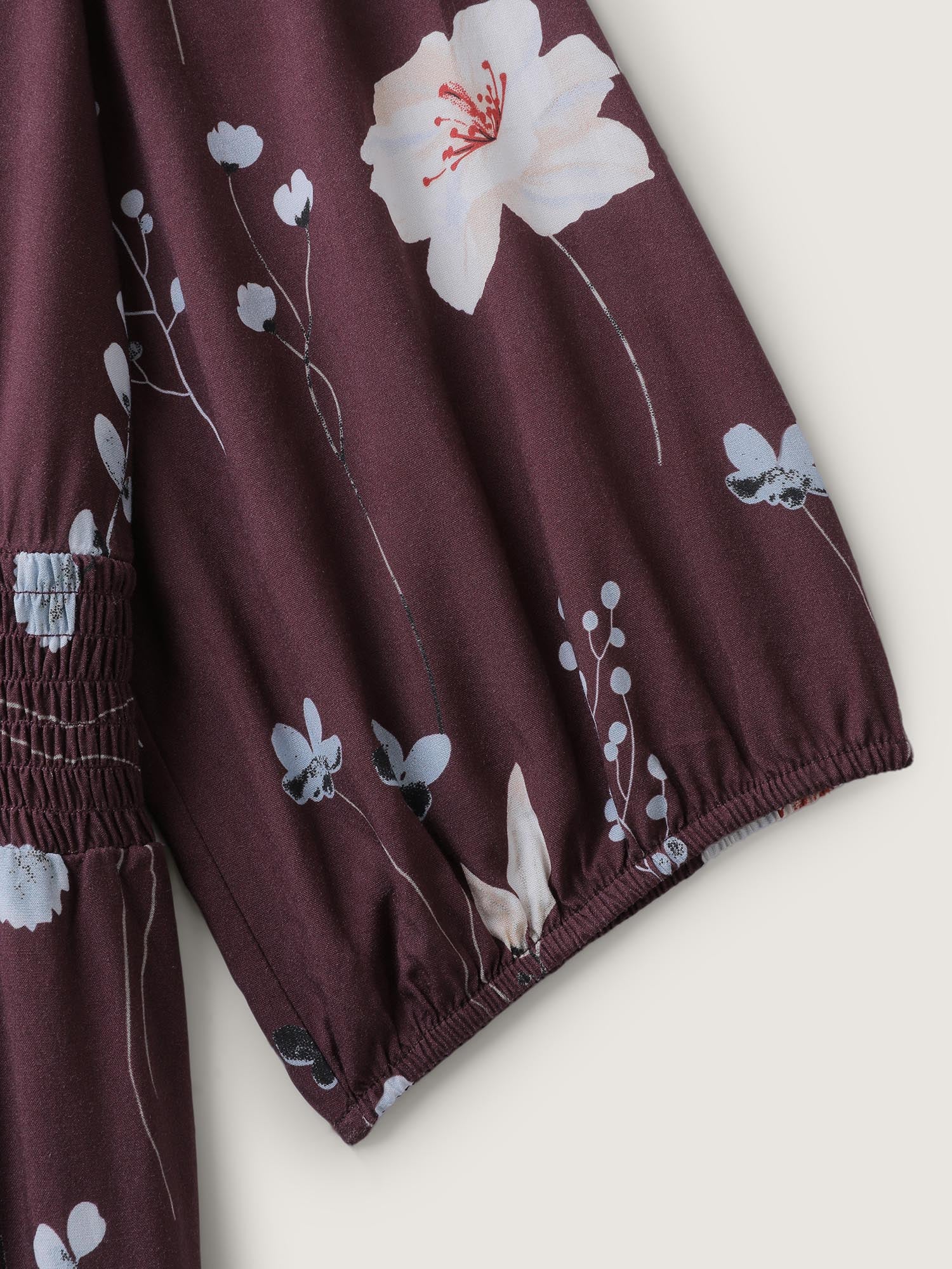 Floral Branch Print Shirred Waist Jumpsuit-Sweetccc