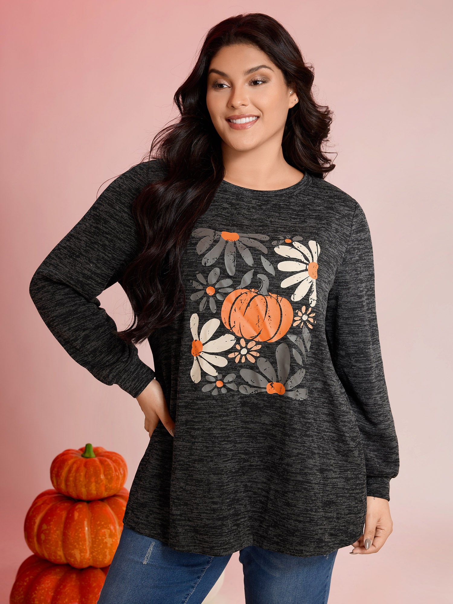 Halloween Pumpkin Floral Pockets Tunic Top-Sweetccc