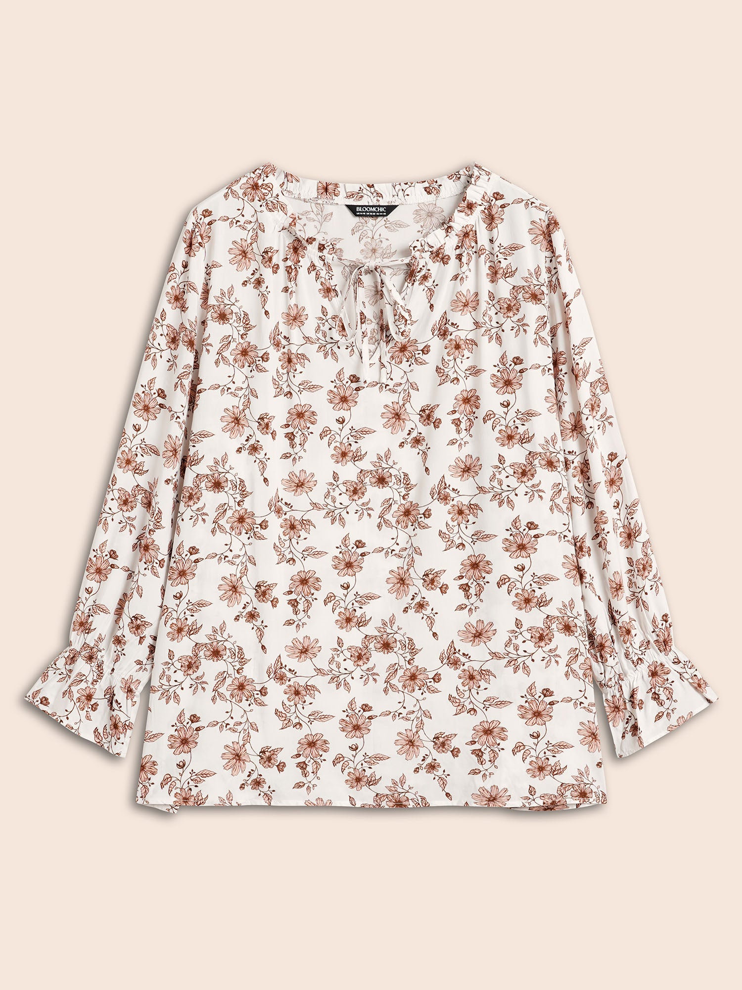 Floral Tie Knot Ruffle Trim Blouse-Sweetccc