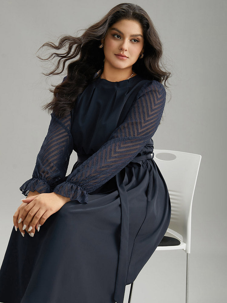 Twill Mesh Patchwork Belted Plicated Detail Dress-Sweetccc