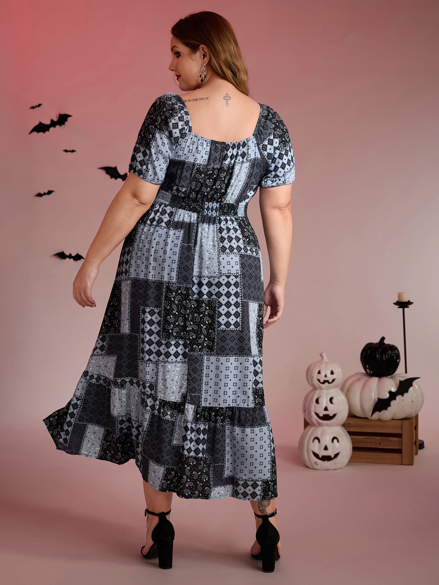 Paisley Collage Print Lace Trim Midi Dress-Sweetccc