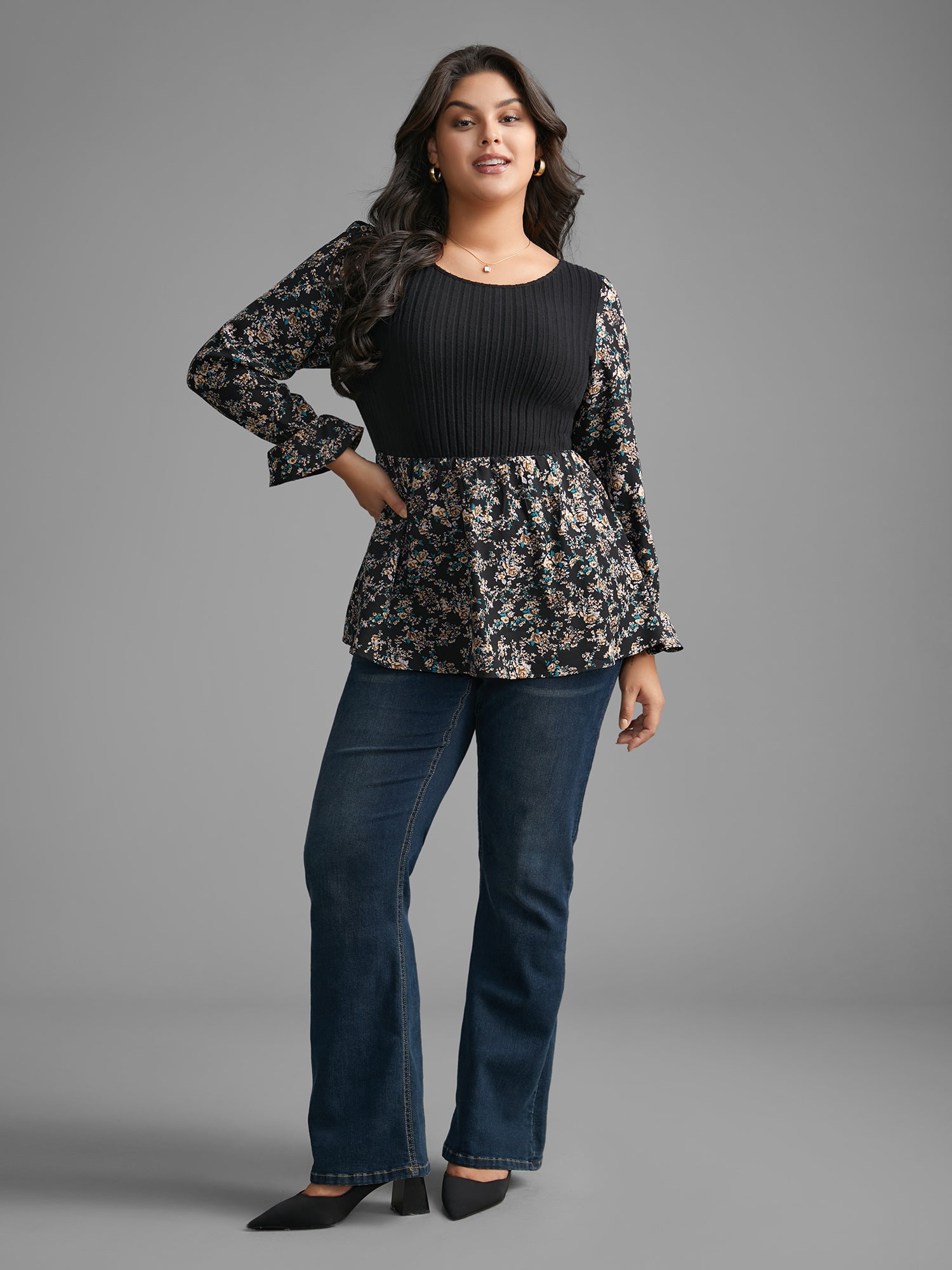 Floral Patchwork Gathered Texture Top-Sweetccc