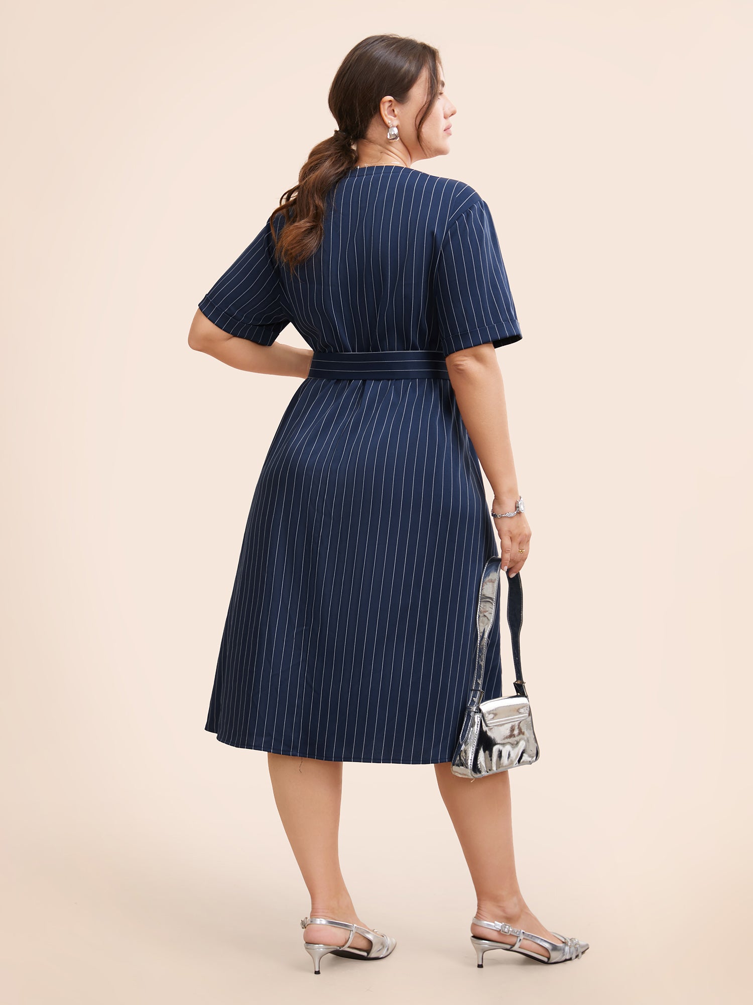 Striped Notched Button Detail Belted Dress-Sweetccc