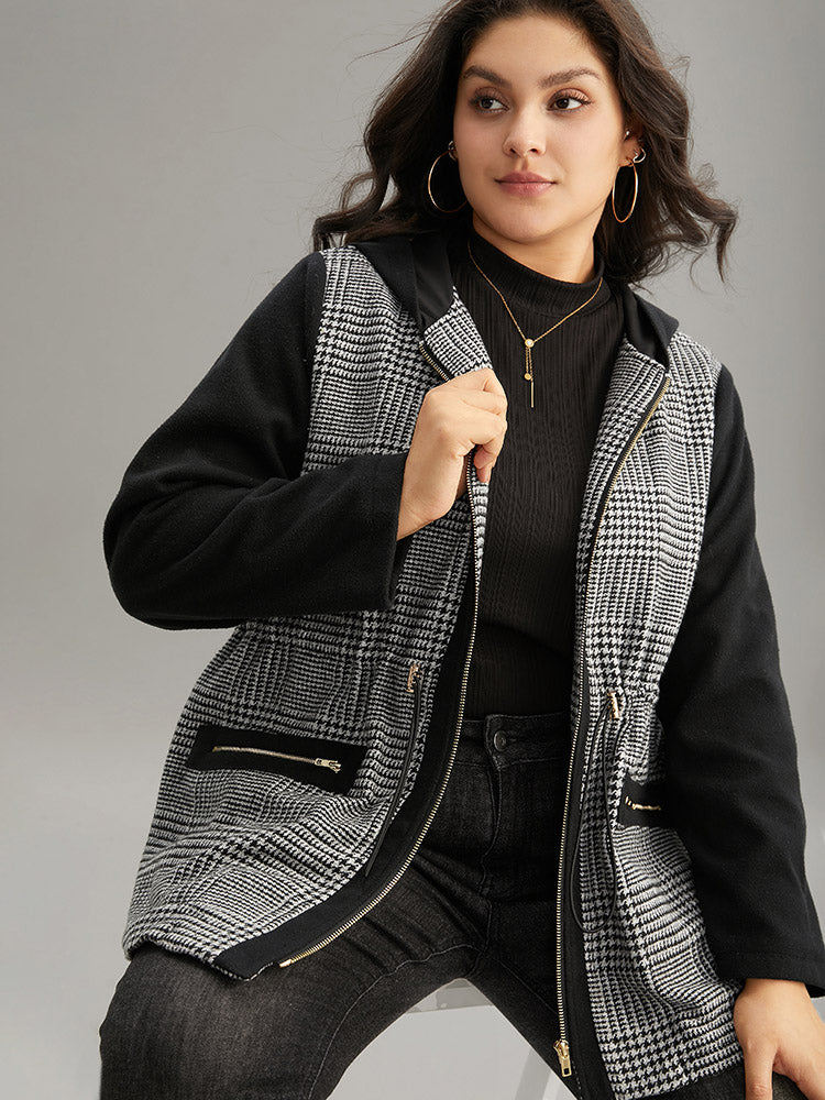 Houndstooth Patchwork Zipper Drawstring Coat-Sweetccc