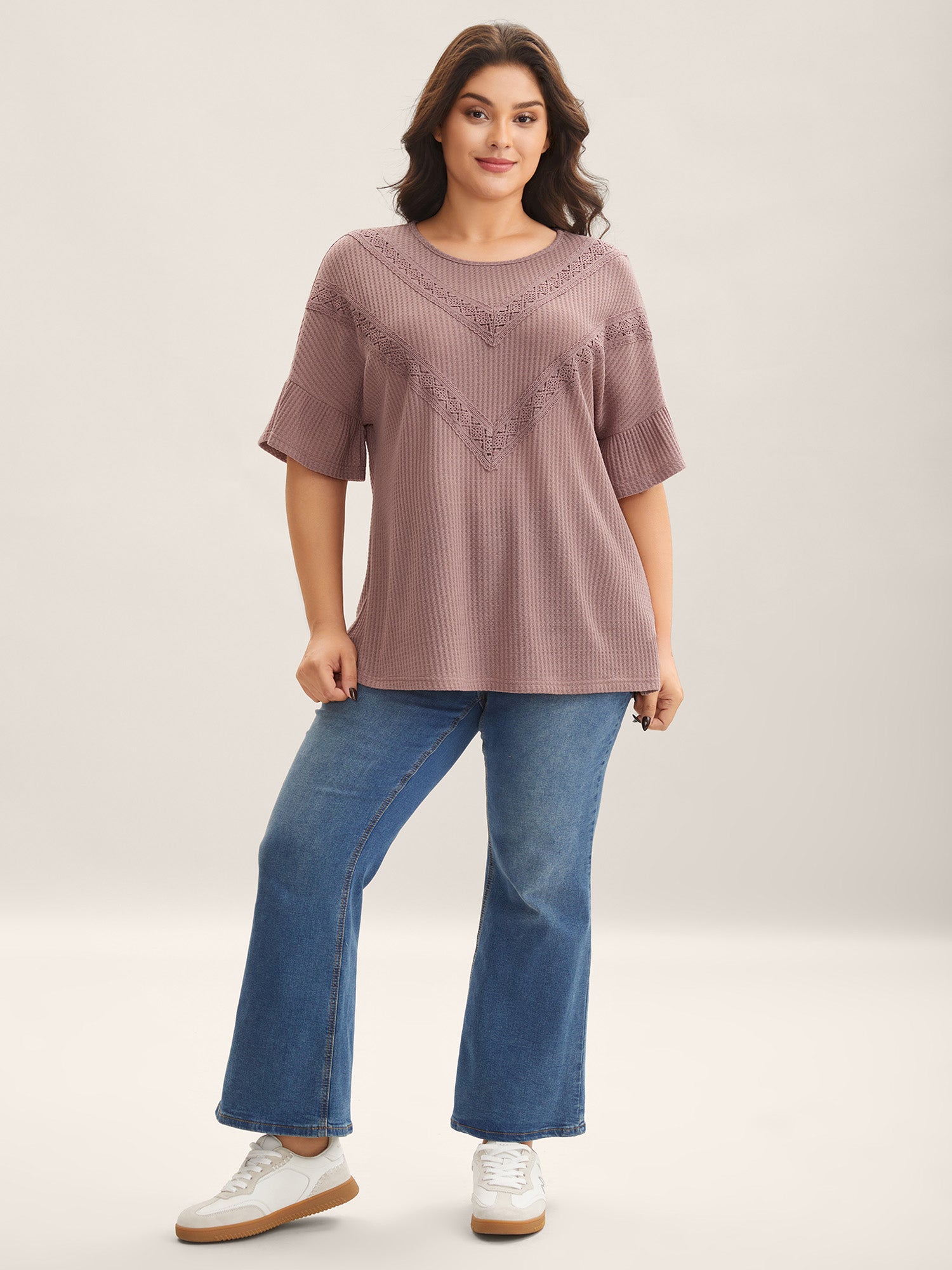 Textured Lace Ruffled Sleeve T-Shirt-Sweetccc