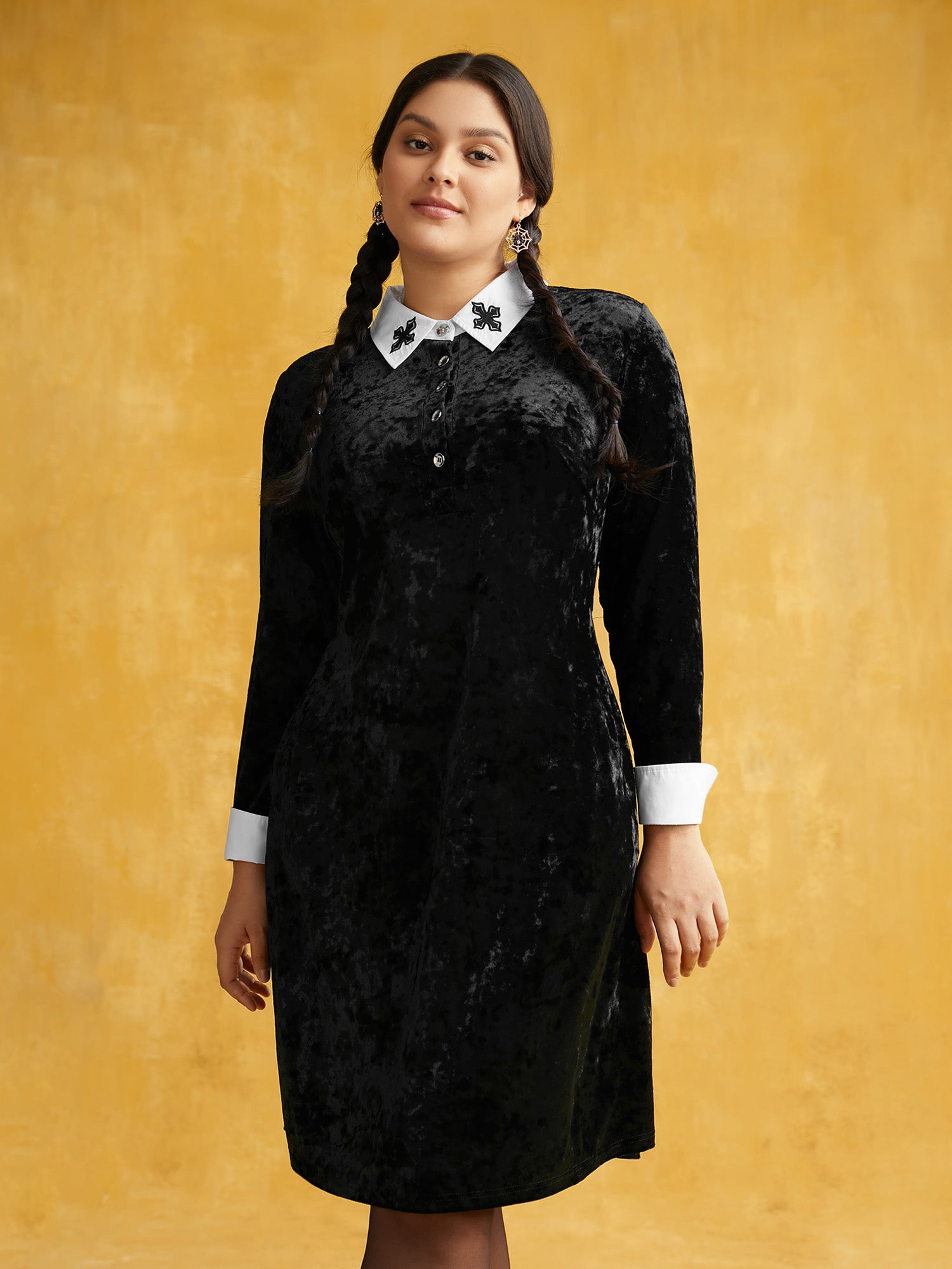 Stretch Velvet Collared Midi Dress-Sweetccc