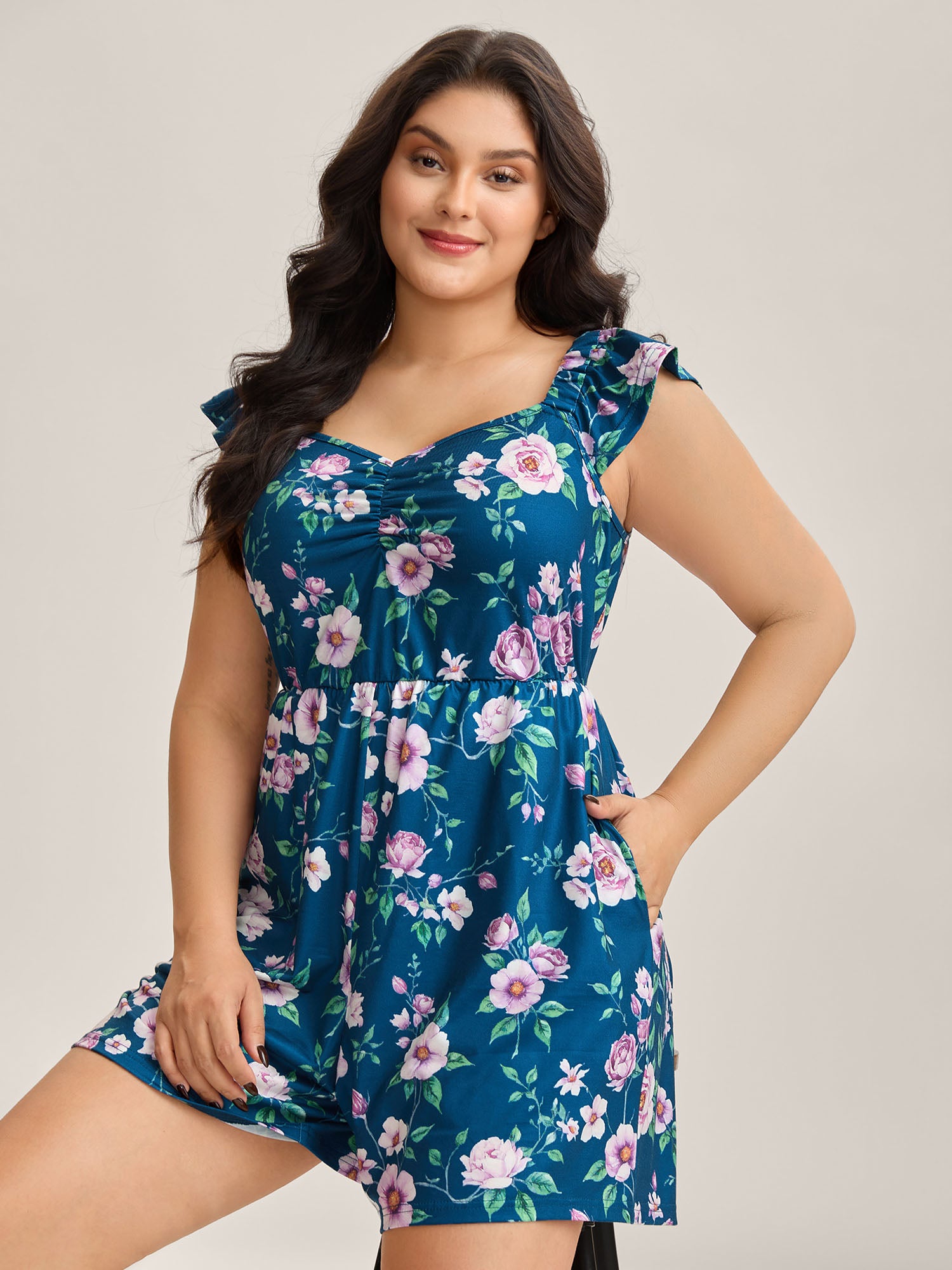 Flirty Floral Print Cinched-Waist Romper-Sweetccc