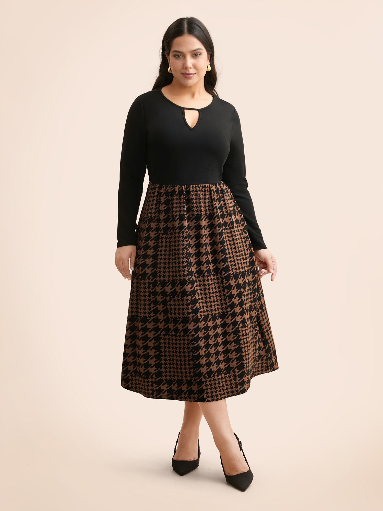 Houndstooth Patchwork Cut Out Midi Dress-Sweetccc