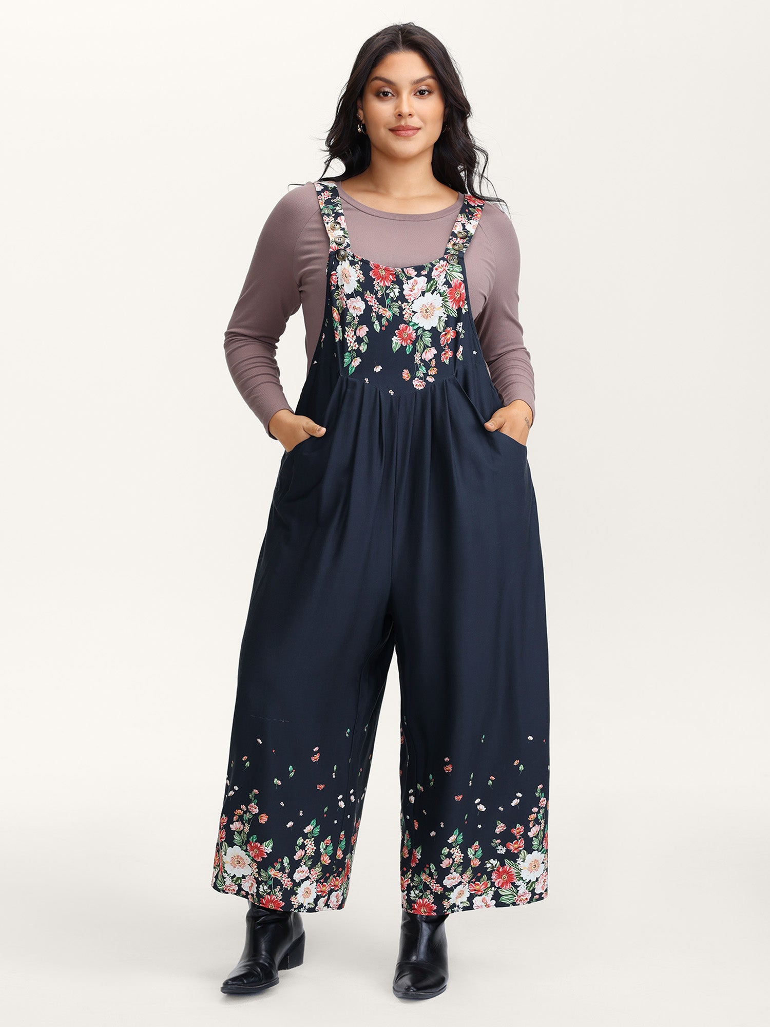 Floral Print Pockets Casual Jumpsuit-Sweetccc