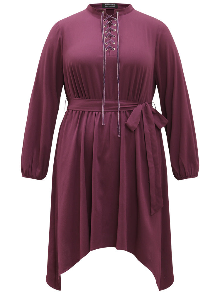 Halloween Plain Lantern Sleeve Belted Lace Up Asymmetrical Hem Dress-Sweetccc