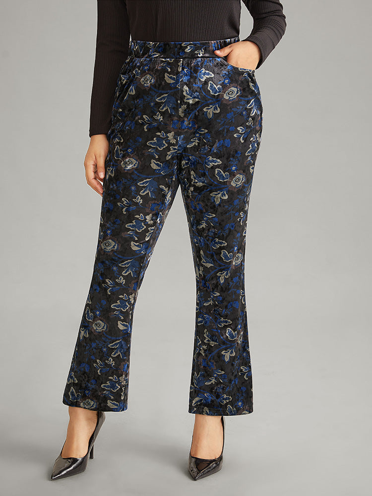 Velvet Floral Elastic Waist High Rise Bootcut Pants-Sweetccc