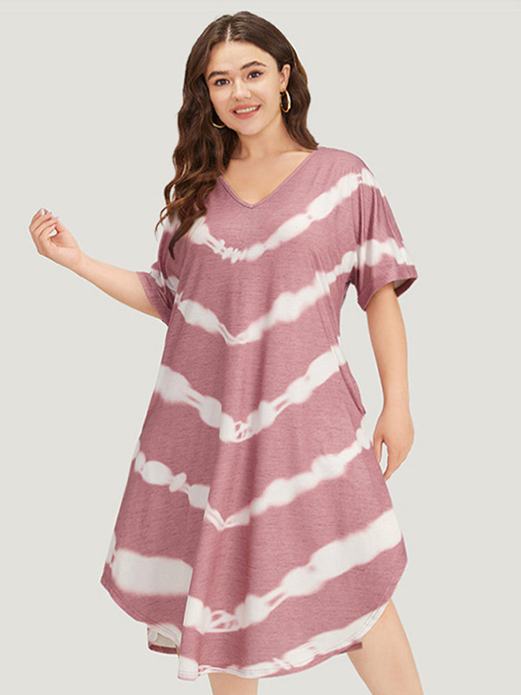 Tie Dye Striped Two Tone V Neck Pocket Dress-Sweetccc