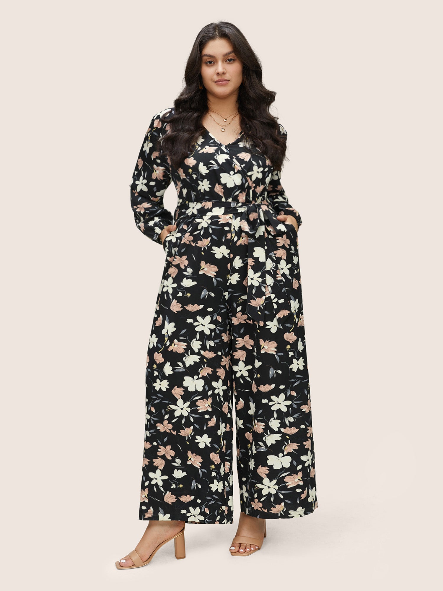 Floral Elastic Waist Belted Wrap Jumpsuit-Sweetccc