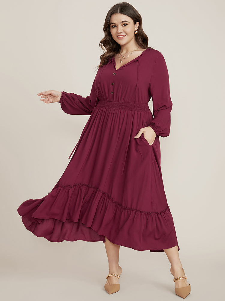 Solid Pocket Button Detail Tie Neck Shirred Ruffles Dress-Sweetccc