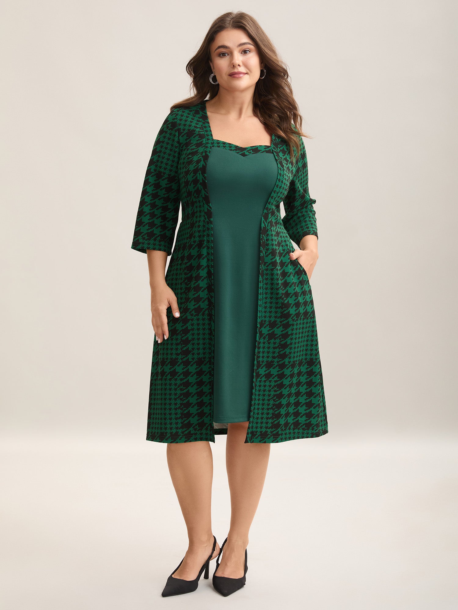 Houndstooth Print Waist-Cinched Patchwork Midi Dress-Sweetccc