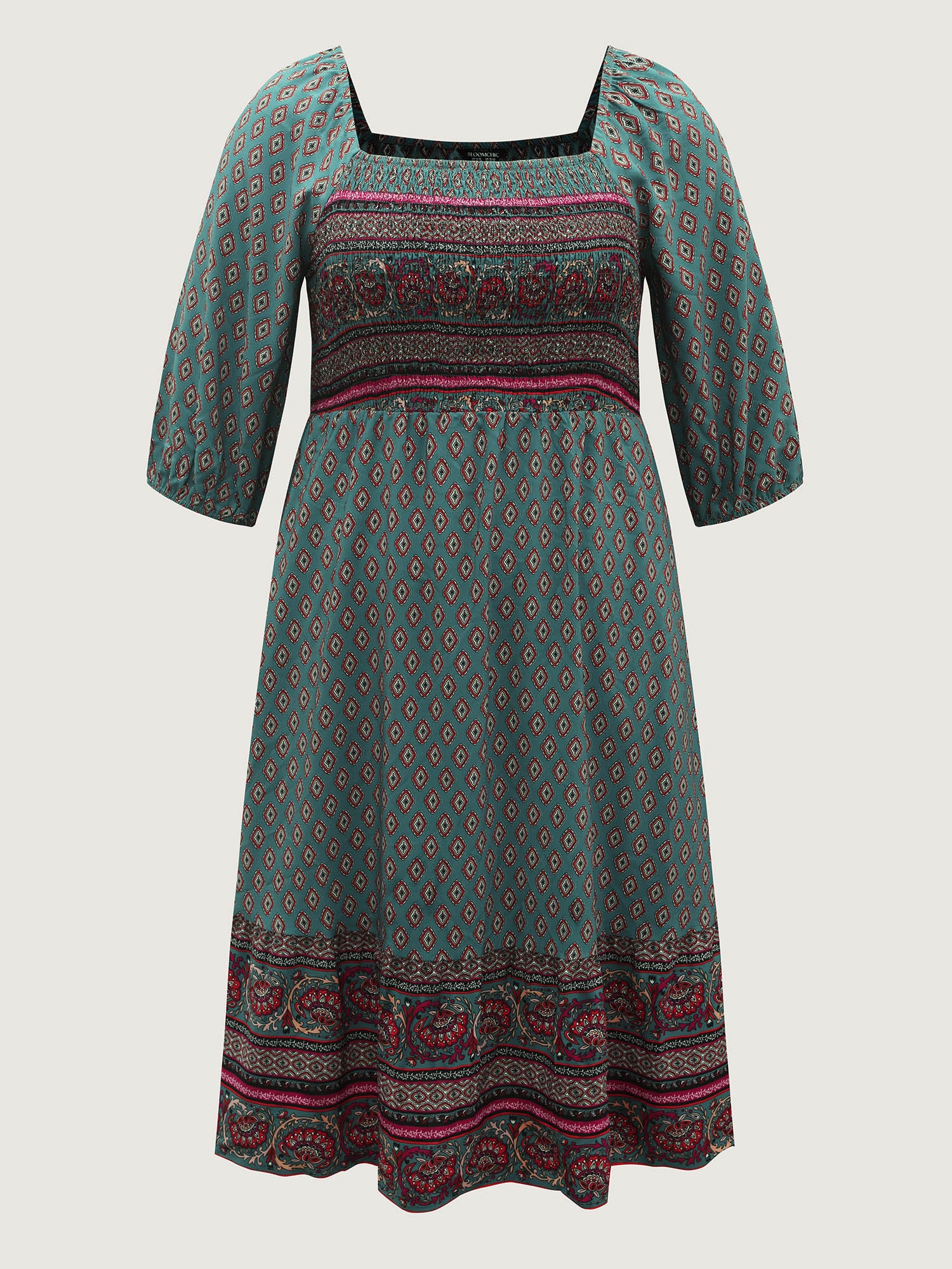 Paisley Print Shirred Bodice Midi Dress-Sweetccc