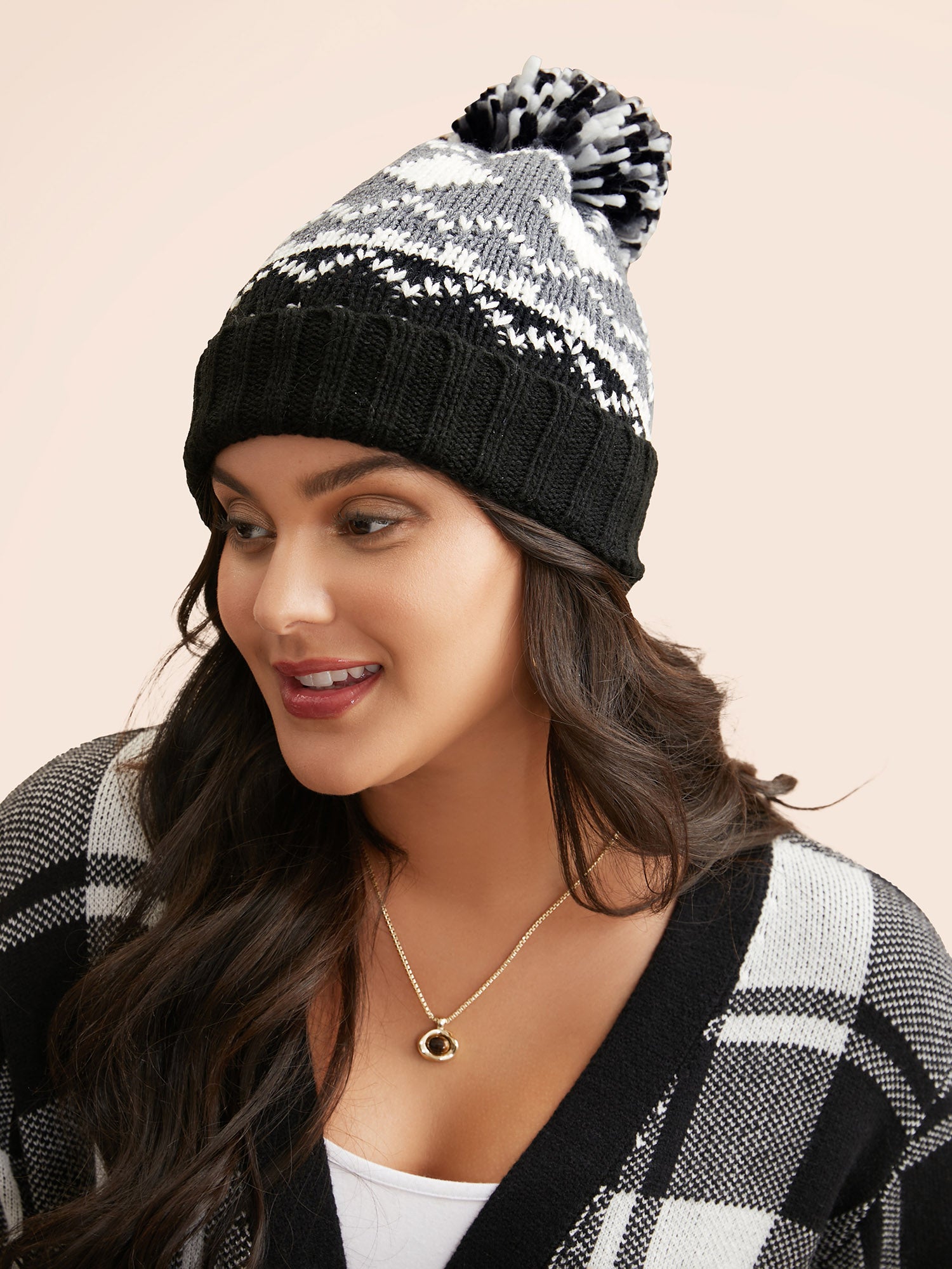 Geometric Jacquard Fluffy Ball Hat-Sweetccc