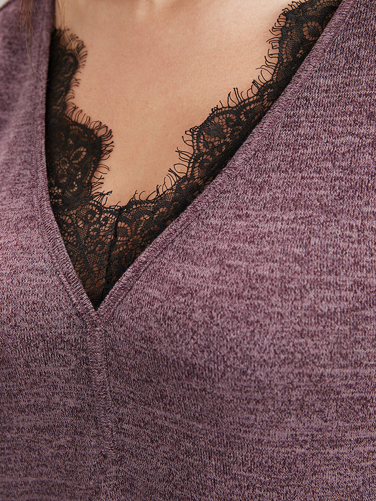 Solid Lace Trim V Neck Long Tee-Sweetccc