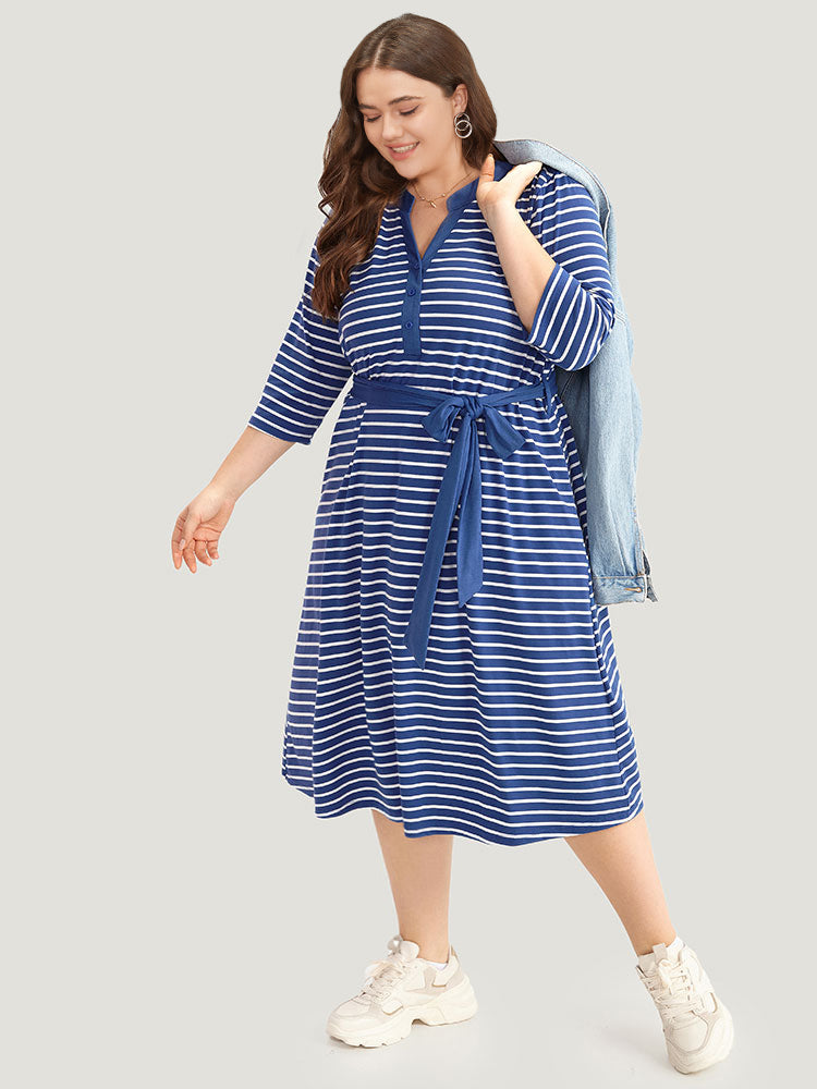 Striped Belted Notched Dress-Sweetccc