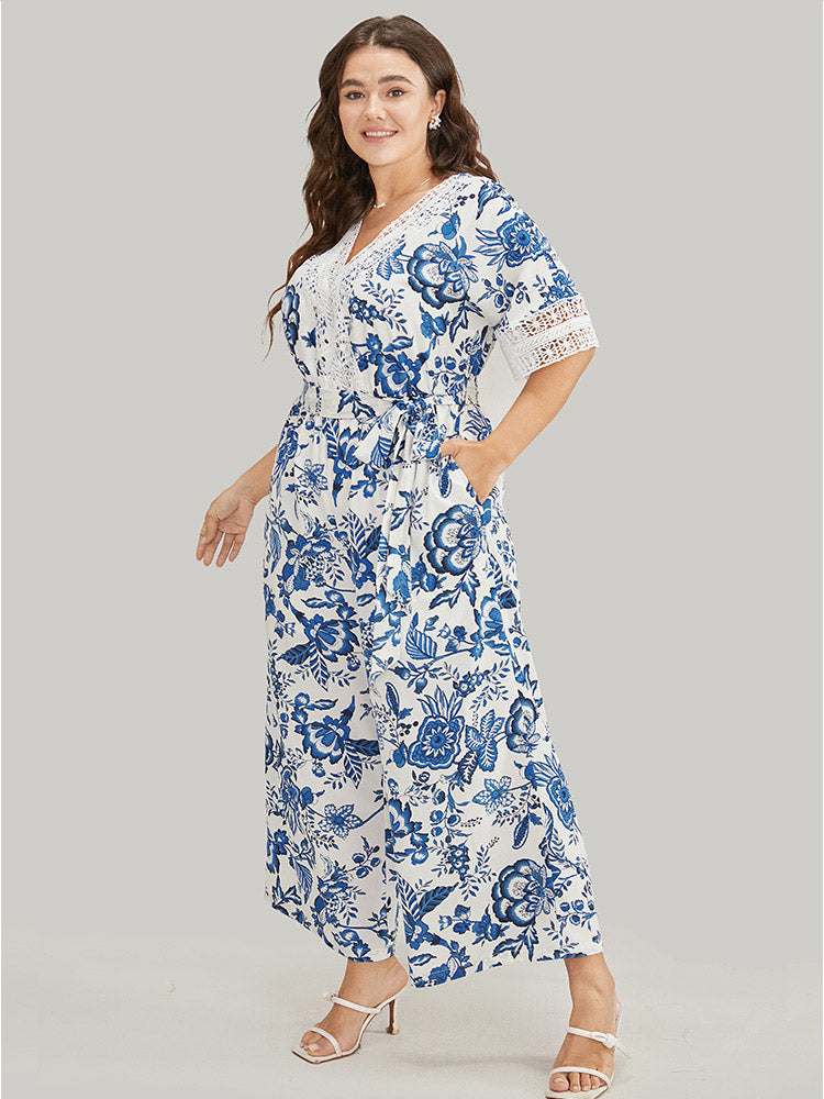 Floral Belted Pocket Lace Trim Wrap Jumpsuit-Sweetccc
