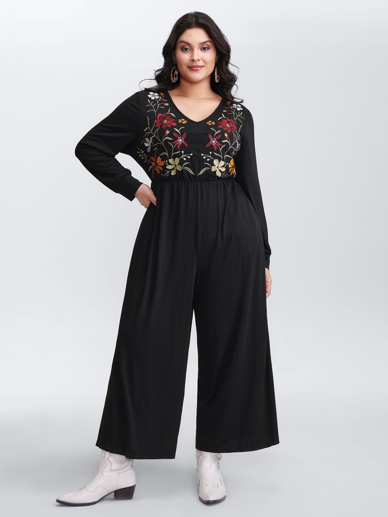 Floral Embroidered Bodice Stretchy Jumpsuit-Sweetccc