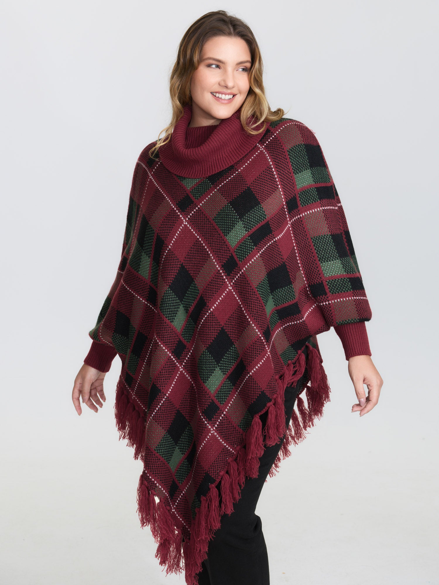 Holiday Plaid Turtleneck Fringe Hem Pullover-Sweetccc