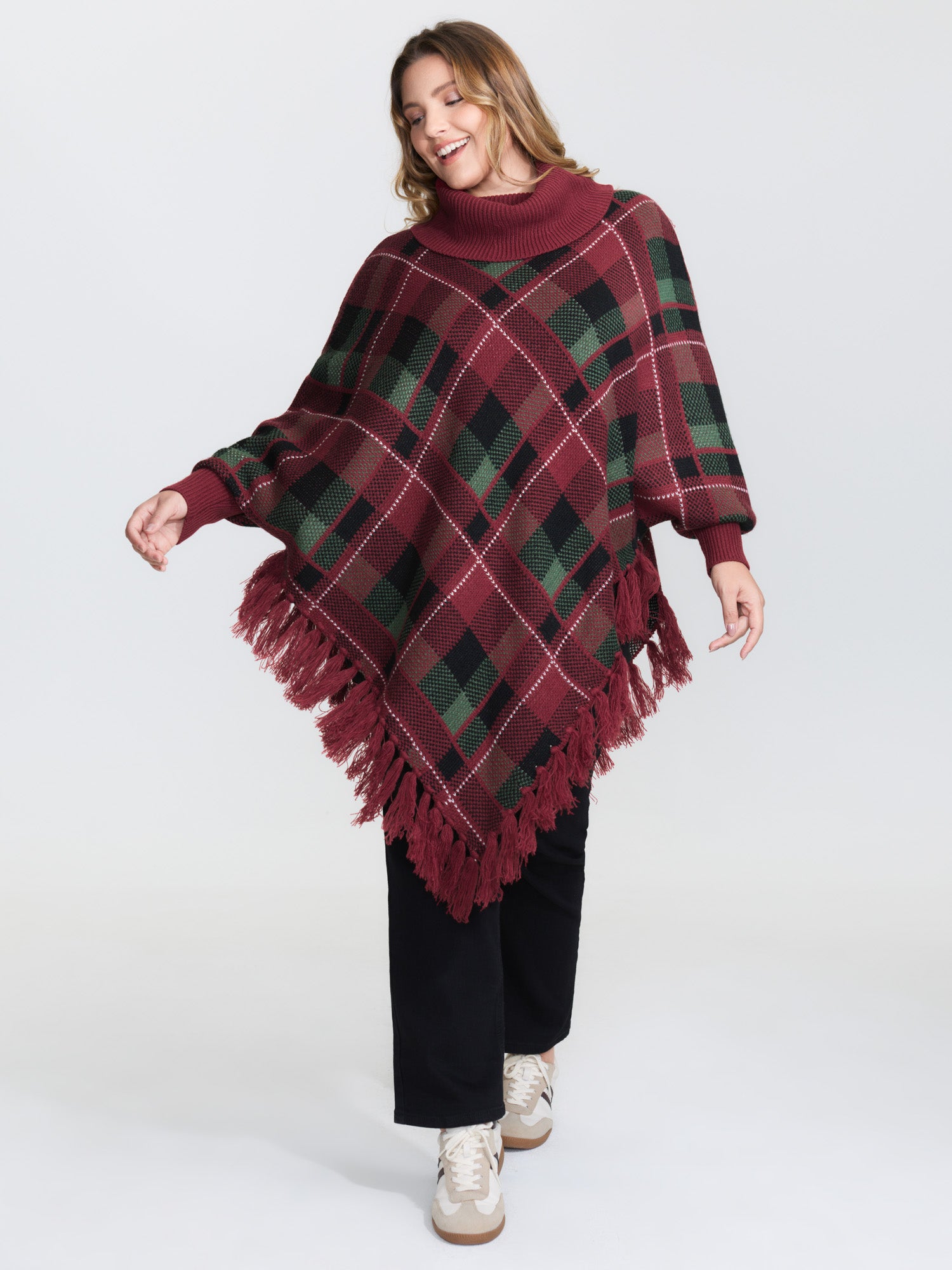 Holiday Plaid Turtleneck Fringe Hem Pullover-Sweetccc