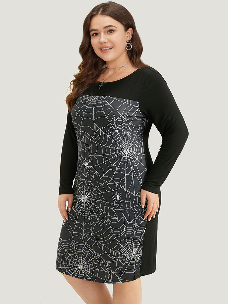 Halloween Spider Web Patchwork Crew Neck Dress-Sweetccc