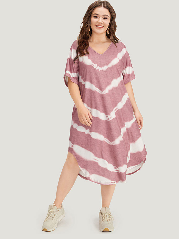 Tie Dye Striped Two Tone V Neck Pocket Dress-Sweetccc