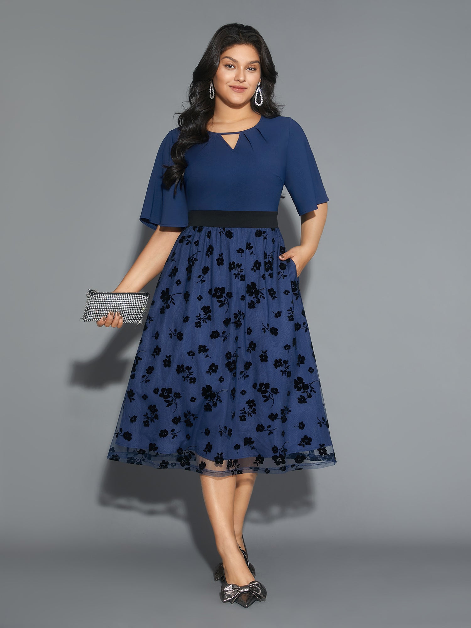 Floral Embroidered Mesh keyhole Dress-Sweetccc