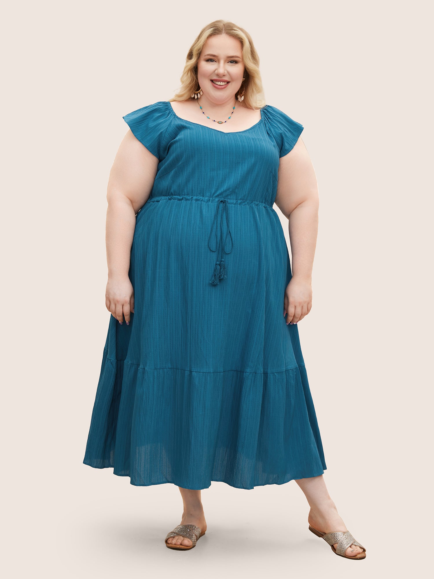 Texture Drawstring Tie Knot Tassels Dress-Sweetccc