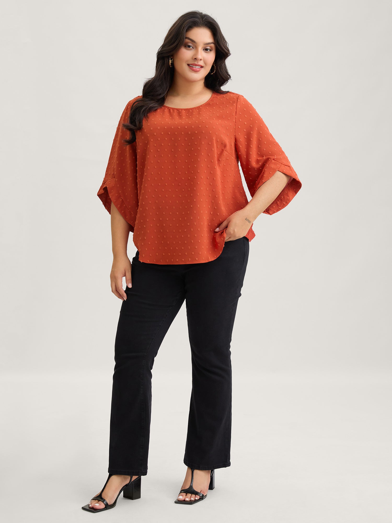 Textured Round Neck Bell Sleeve Blouse-Sweetccc