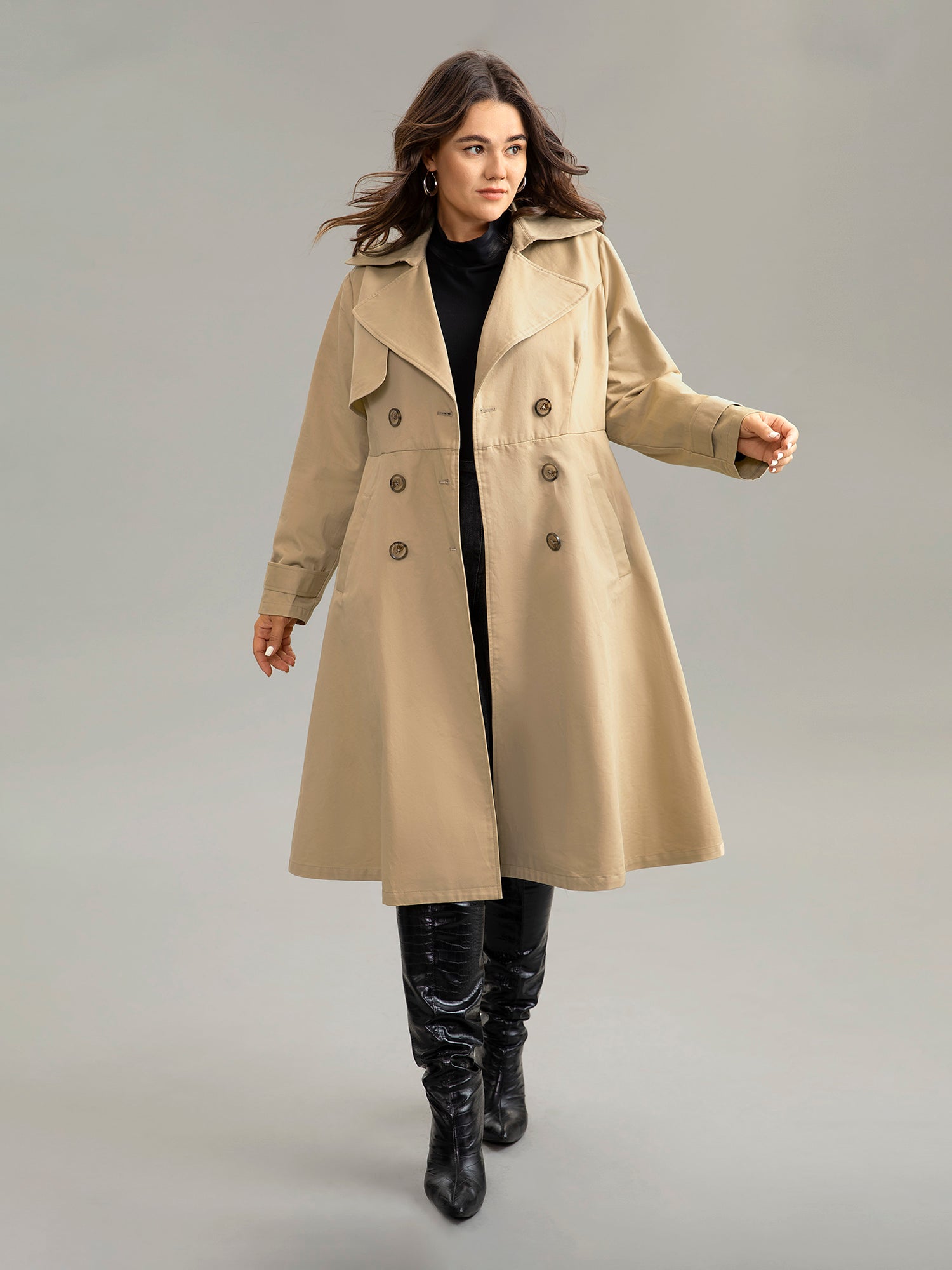 Lapel Collar Belted Buckle Detail Double Breasted Coat-Sweetccc