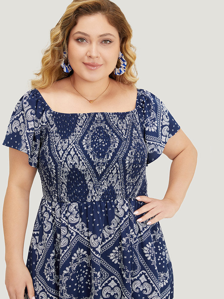 Paisley & Moroccan Print Pocket Shirred Square Neck Split Dress-Sweetccc