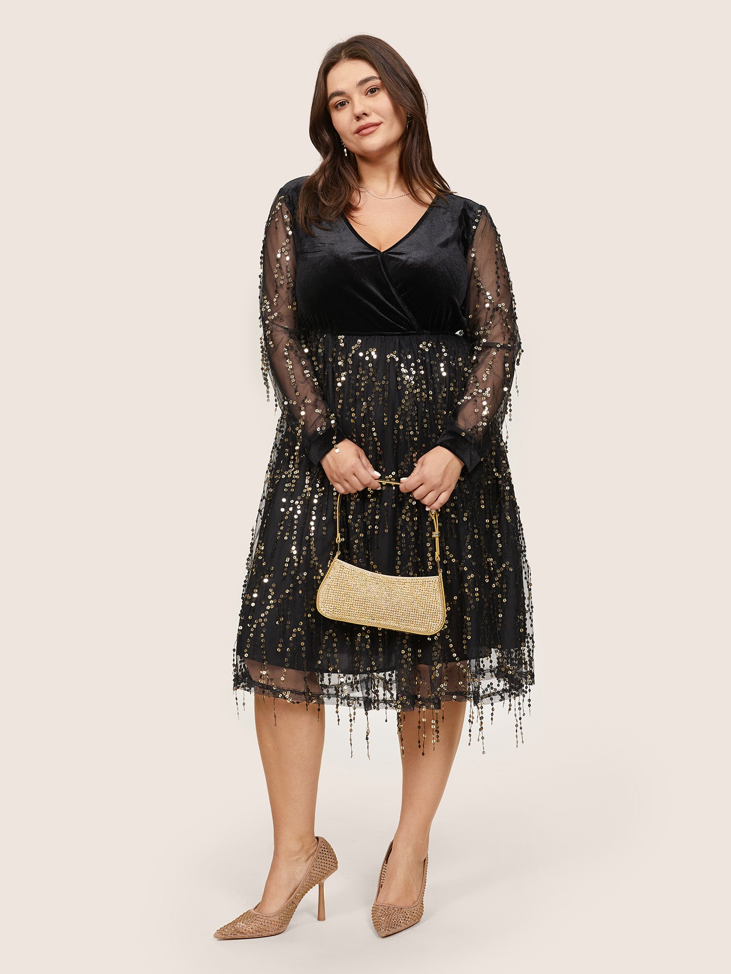 Velvet Sequin Tassels Mesh Surplice Neck Dress-Sweetccc